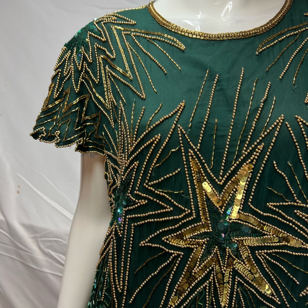 Vintage Green Silk Cap Sleeve Gold Sequins Beaded Long Gown 2X Dress Gown - Picture 5 of 7